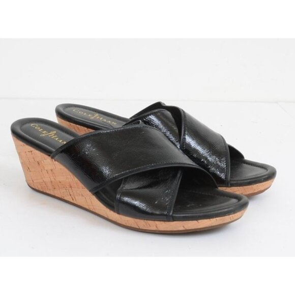 Cole Haan Women's Size 11B NikeAir Black Leather Strap Wedge Heel Slide Sandals - Picture 5 of 7